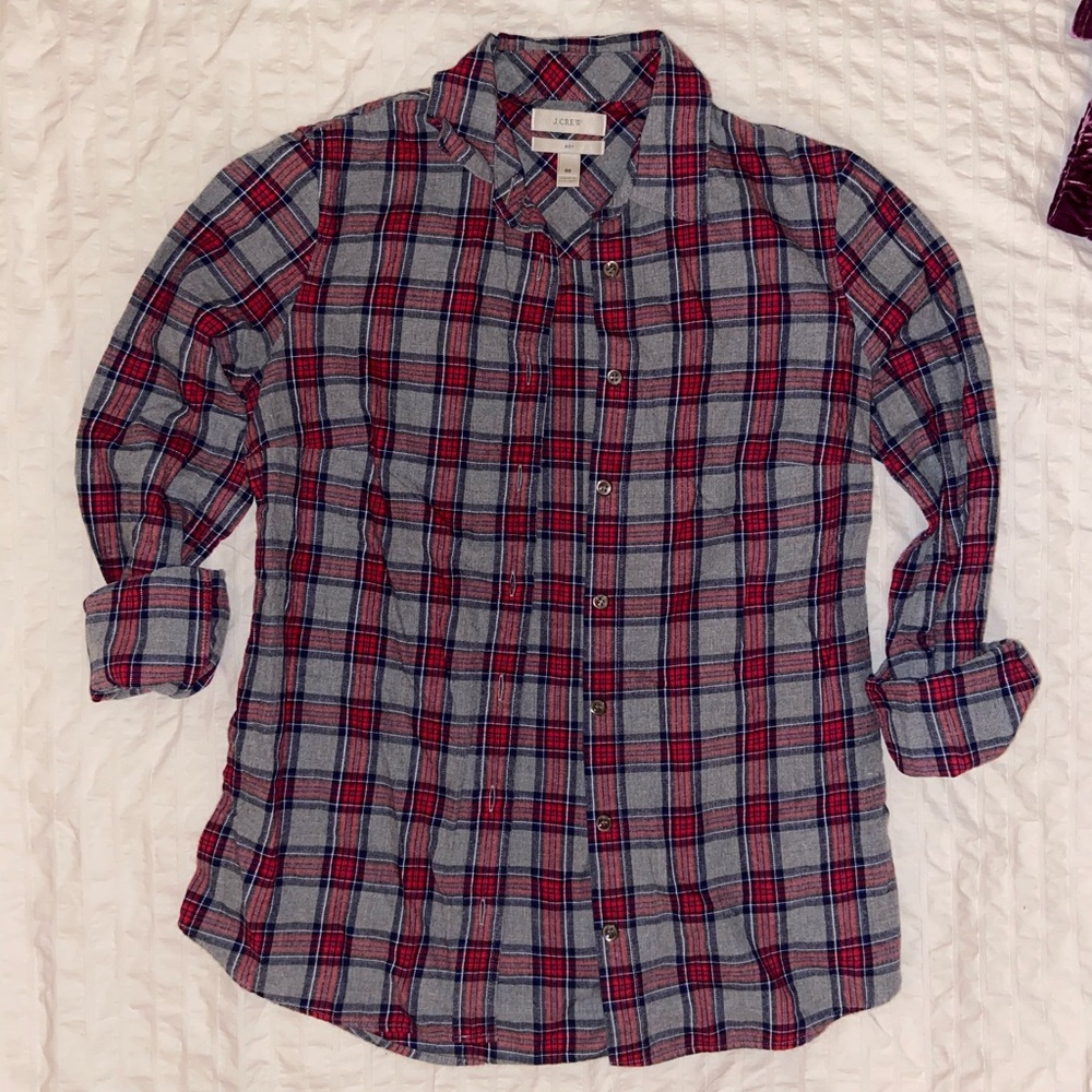 Grey and red flannel button up shirt